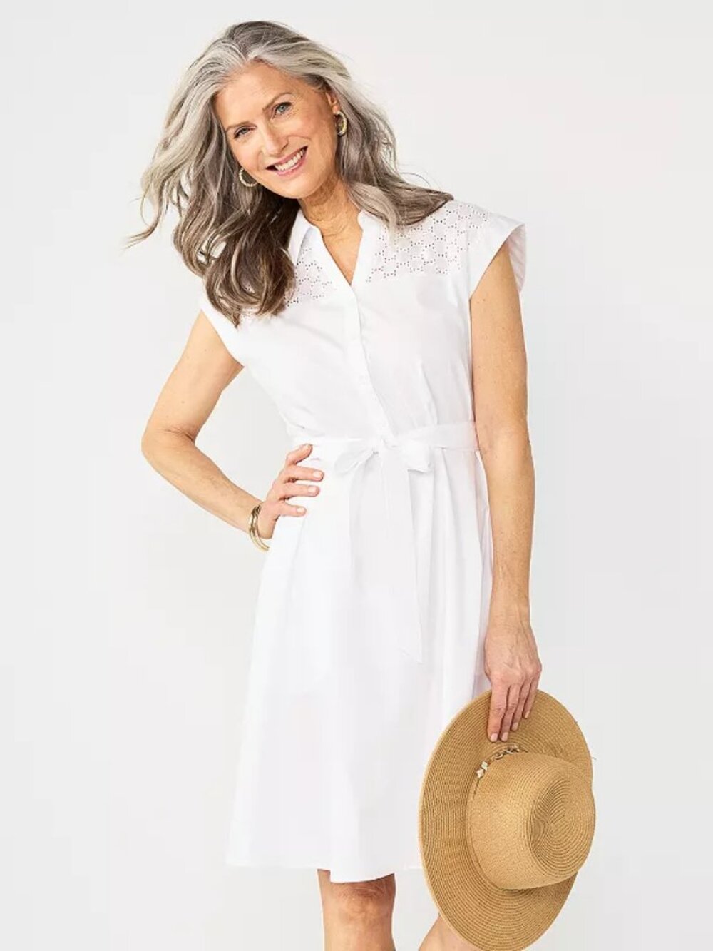 Women's Croft & Barrow Eyelet Knot Waist Dress - Bright White - Large - NWT